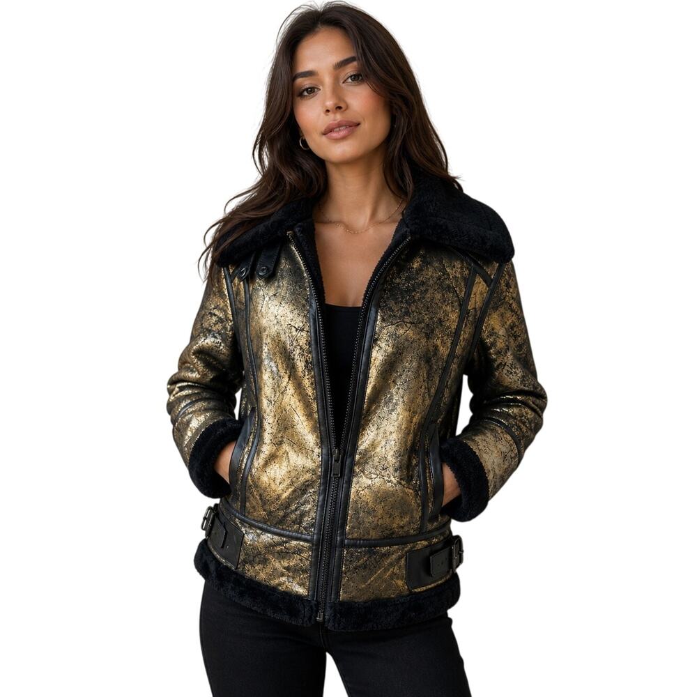 Avec Les Filles Metallic Foil Faux Shearling Jacket Black/Gold Size XS $239
